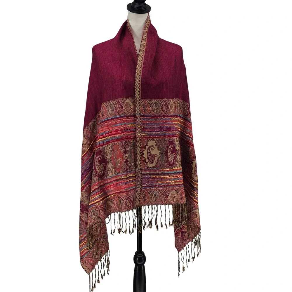 100% Pashmina Scarf Wrap Large Burgundy Paisley Boho Rainbow Tassel Luxury Shawl